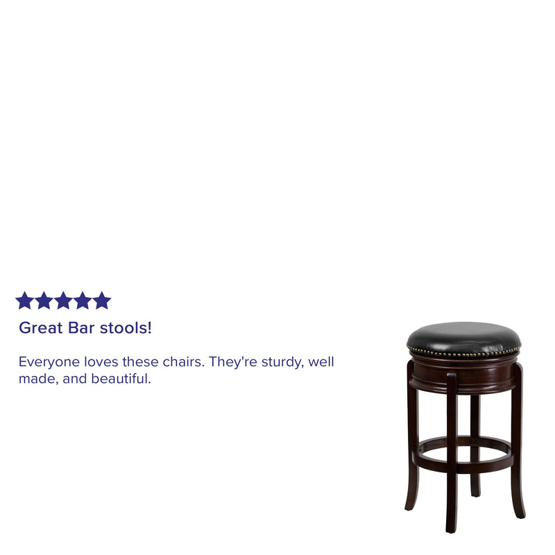 Ashin 30" Backless Swivel Barstool Upholstered in Black Faux Leather with Nail Trim