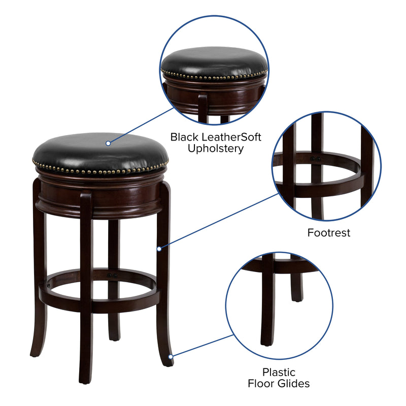 Ashin 30" Backless Swivel Barstool Upholstered in Black Faux Leather with Nail Trim