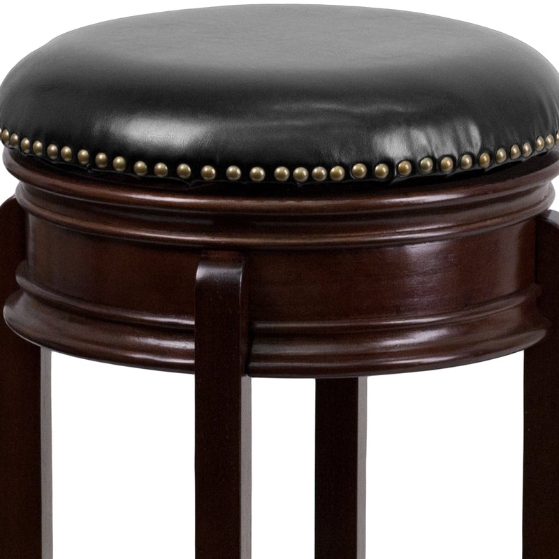 Ashin 30" Backless Swivel Barstool Upholstered in Black Faux Leather with Nail Trim