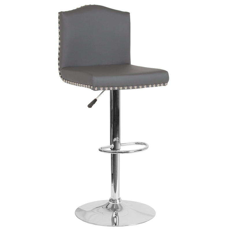 Salerno Height Adjustable Armless Barstool in Gray Faux Leather with Accent Nail Trim & 360° Swivel Seat