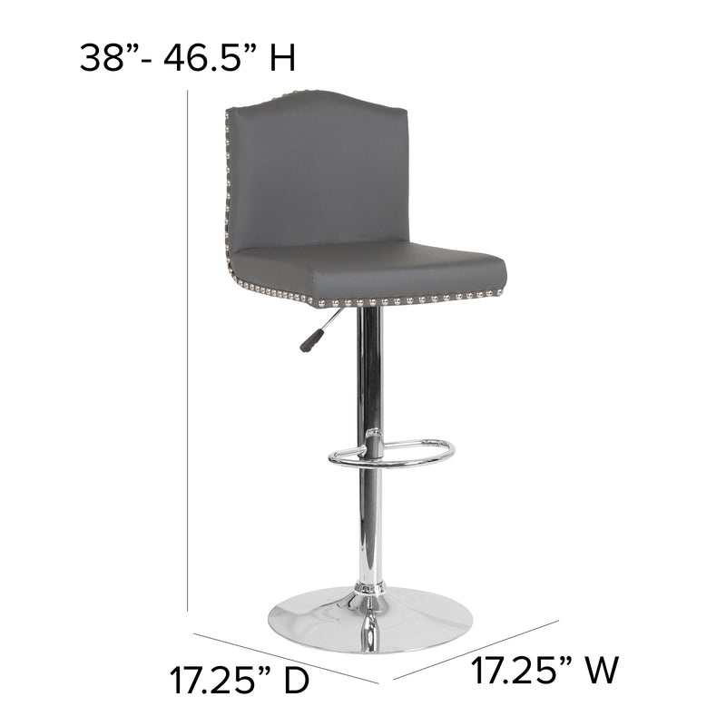 Salerno Height Adjustable Armless Barstool in Gray Faux Leather with Accent Nail Trim & 360° Swivel Seat