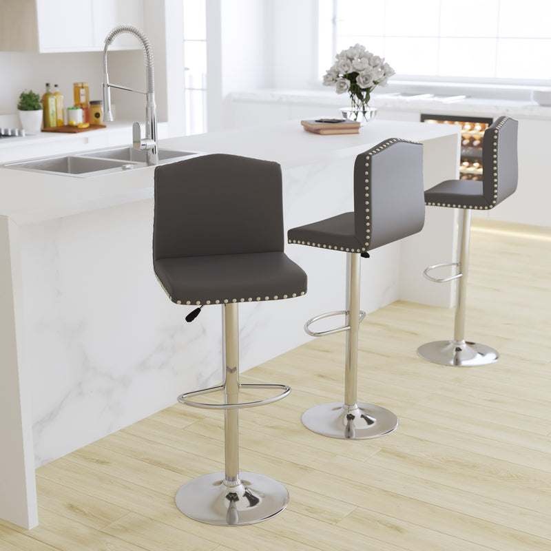 Salerno Height Adjustable Armless Barstool in Gray Faux Leather with Accent Nail Trim & 360° Swivel Seat