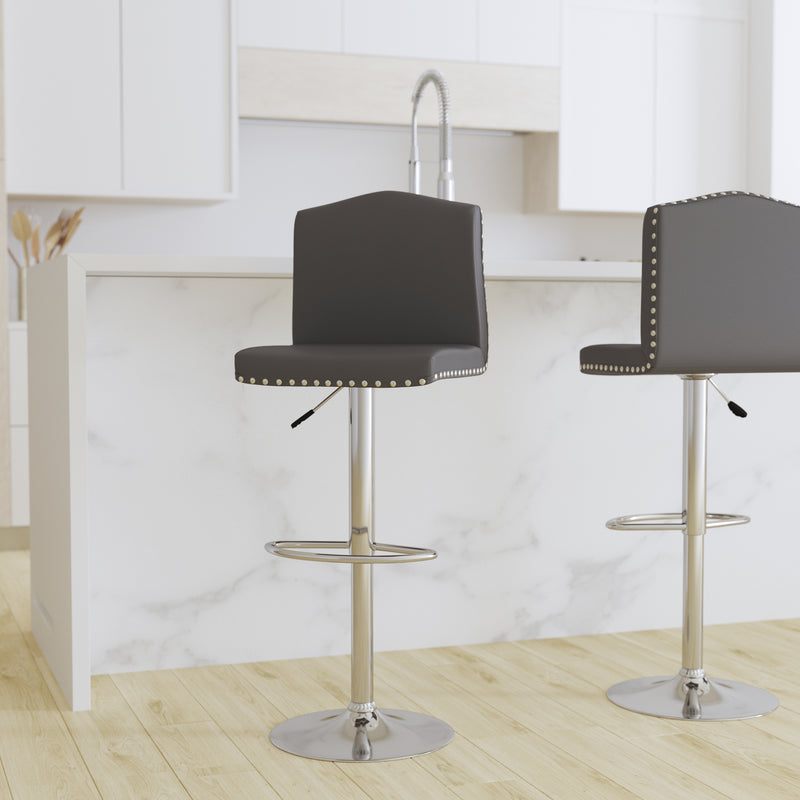 Salerno Height Adjustable Armless Barstool in Gray Faux Leather with Accent Nail Trim & 360° Swivel Seat