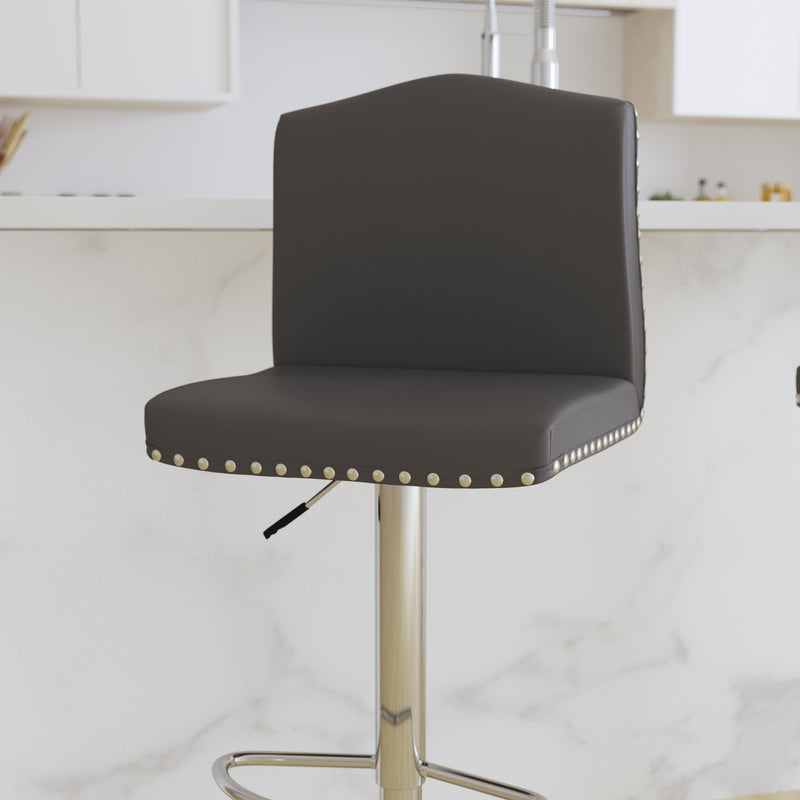 Salerno Height Adjustable Armless Barstool in Gray Faux Leather with Accent Nail Trim & 360° Swivel Seat