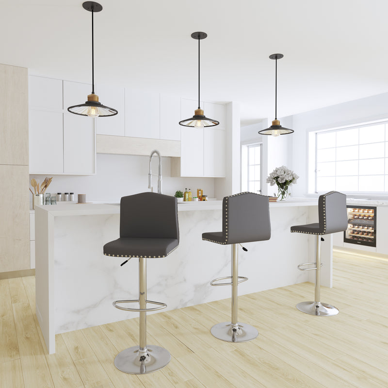 Salerno Height Adjustable Armless Barstool in Gray Faux Leather with Accent Nail Trim & 360° Swivel Seat