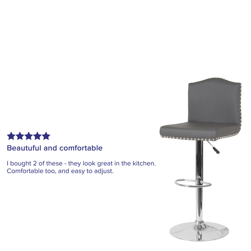 Salerno Height Adjustable Armless Barstool in Gray Faux Leather with Accent Nail Trim & 360° Swivel Seat