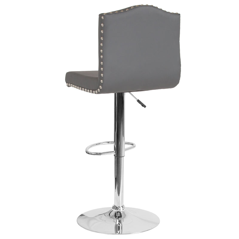 Salerno Height Adjustable Armless Barstool in Gray Faux Leather with Accent Nail Trim & 360° Swivel Seat