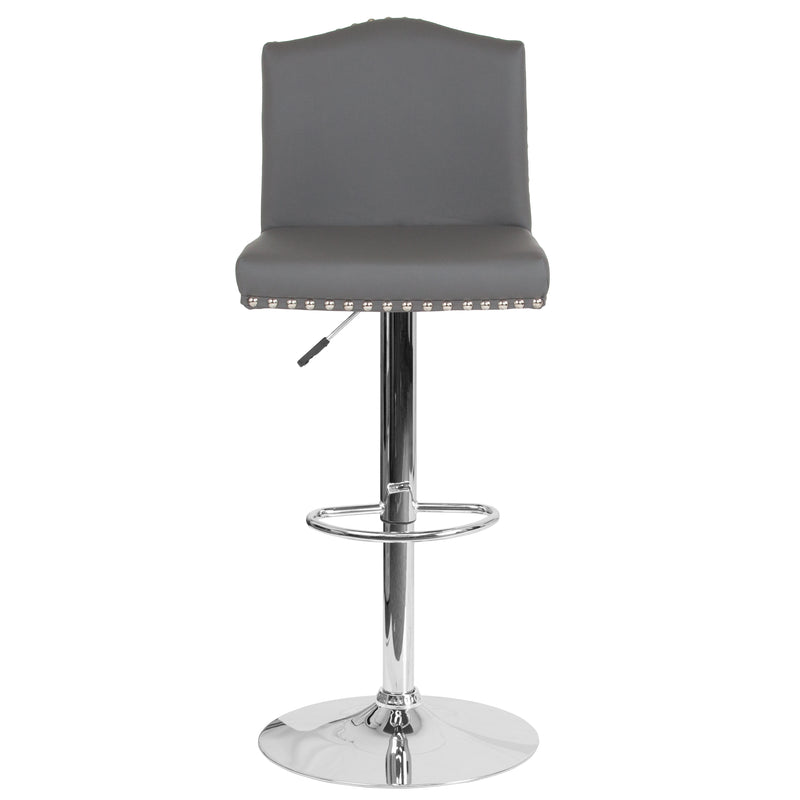 Salerno Height Adjustable Armless Barstool in Gray Faux Leather with Accent Nail Trim & 360° Swivel Seat
