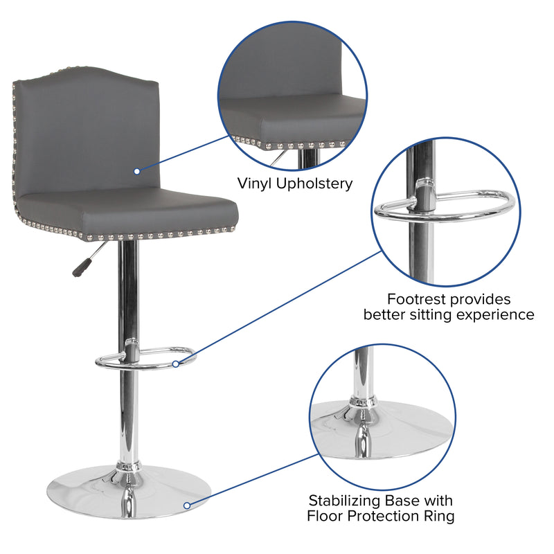 Salerno Height Adjustable Armless Barstool in Gray Faux Leather with Accent Nail Trim & 360° Swivel Seat