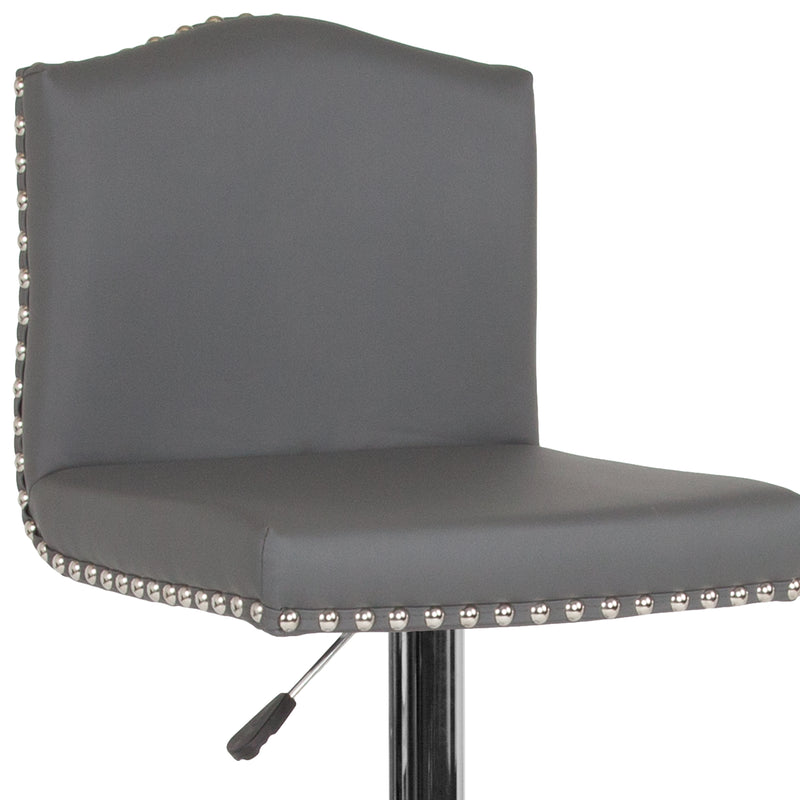 Salerno Height Adjustable Armless Barstool in Gray Faux Leather with Accent Nail Trim & 360° Swivel Seat