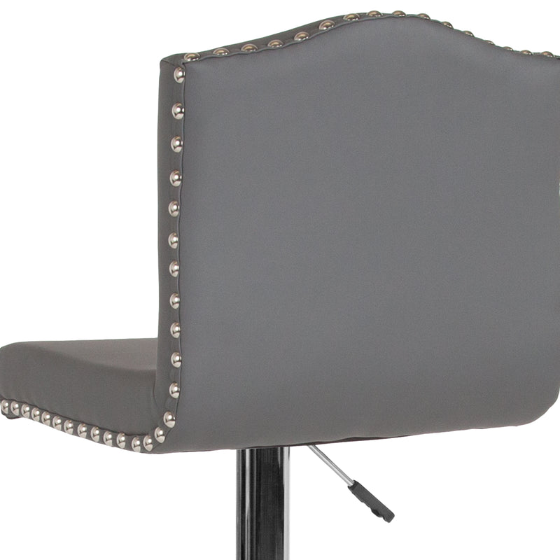 Salerno Height Adjustable Armless Barstool in Gray Faux Leather with Accent Nail Trim & 360° Swivel Seat
