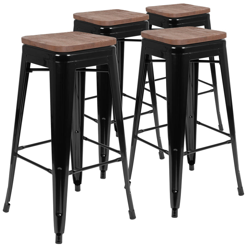 Brooklyn Set of Four 30 Inch Tall Metal Backless Wood Square Seat Bar Stools With Cross Braces