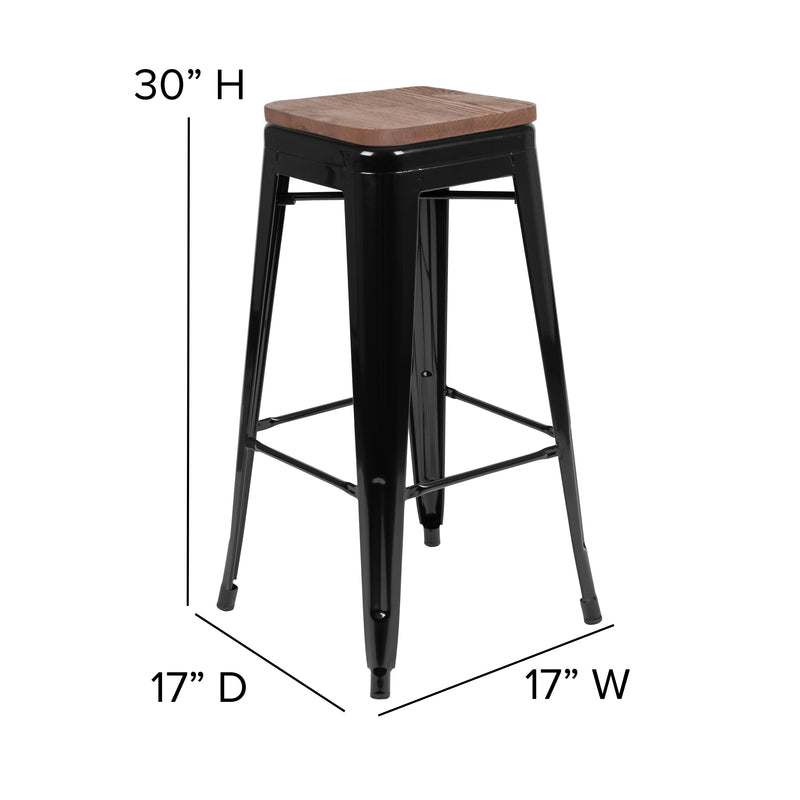 Brooklyn Set of Four 30 Inch Tall Metal Backless Wood Square Seat Bar Stools With Cross Braces