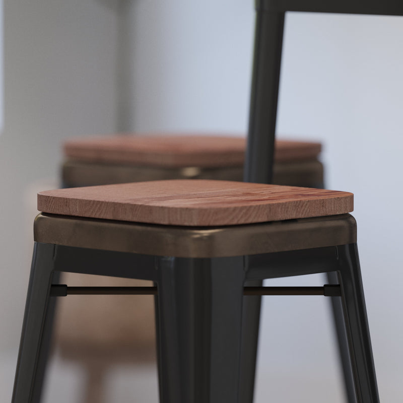 Brooklyn Set of Four 30 Inch Tall Metal Backless Wood Square Seat Bar Stools With Cross Braces