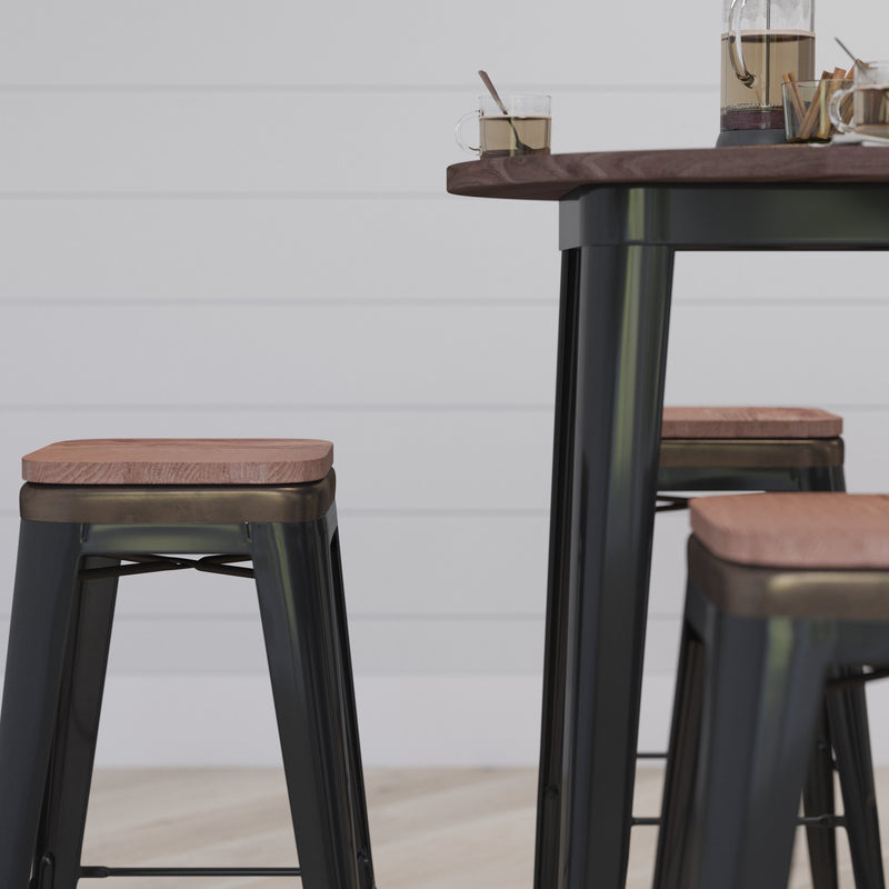 Brooklyn Set of Four 30 Inch Tall Metal Backless Wood Square Seat Bar Stools With Cross Braces