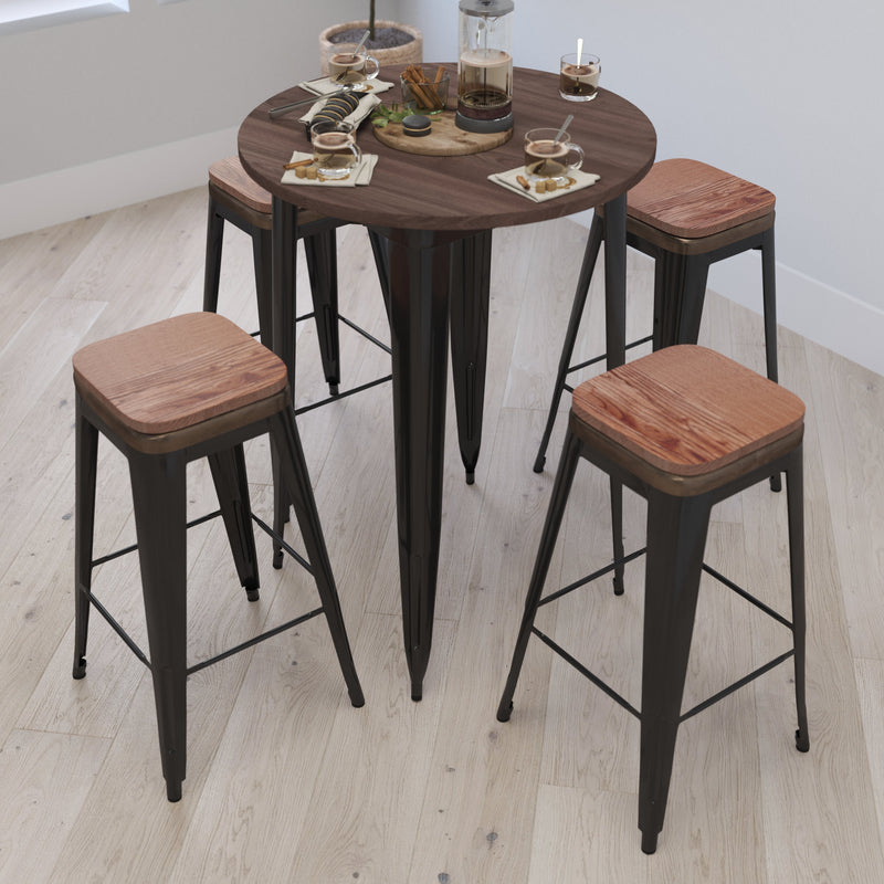 Brooklyn Set of Four 30 Inch Tall Metal Backless Wood Square Seat Bar Stools With Cross Braces