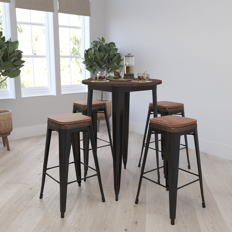 Brooklyn Set of Four 30 Inch Tall Metal Backless Wood Square Seat Bar Stools With Cross Braces