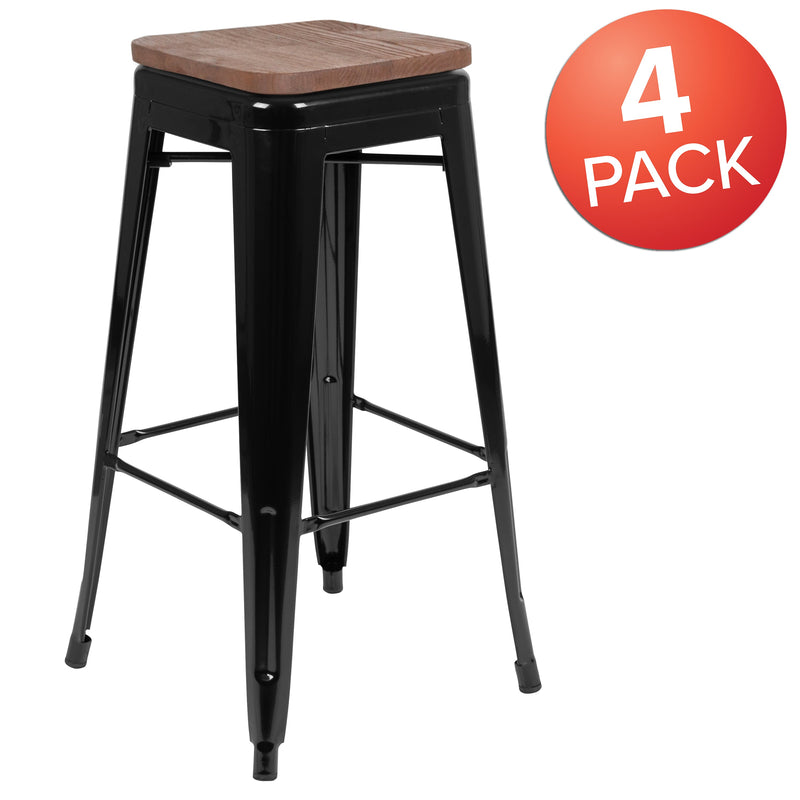 Brooklyn Set of Four 30 Inch Tall Metal Backless Wood Square Seat Bar Stools With Cross Braces