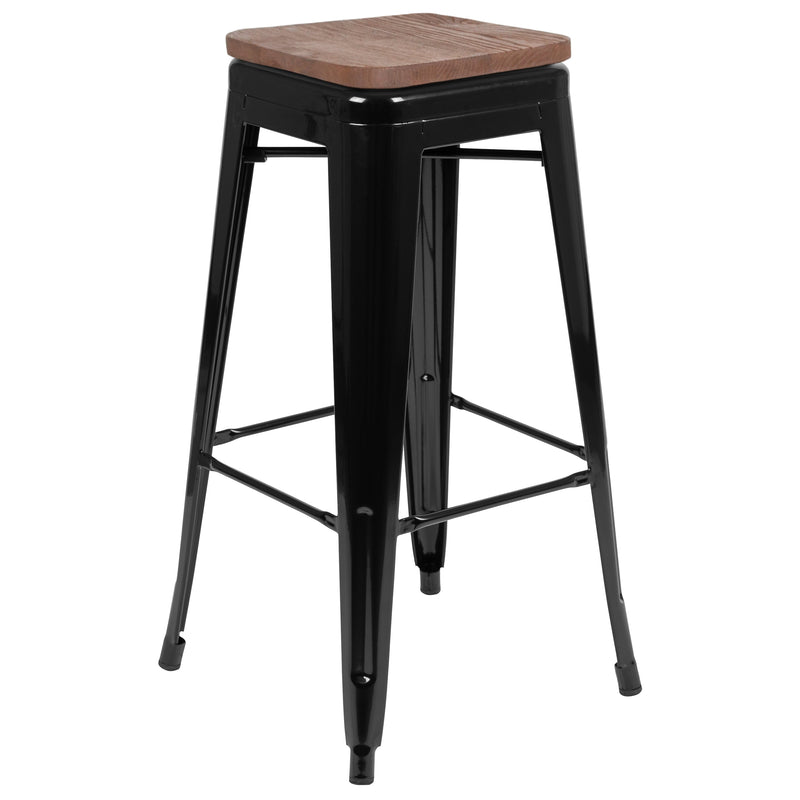 Brooklyn Set of Four 30 Inch Tall Metal Backless Wood Square Seat Bar Stools With Cross Braces