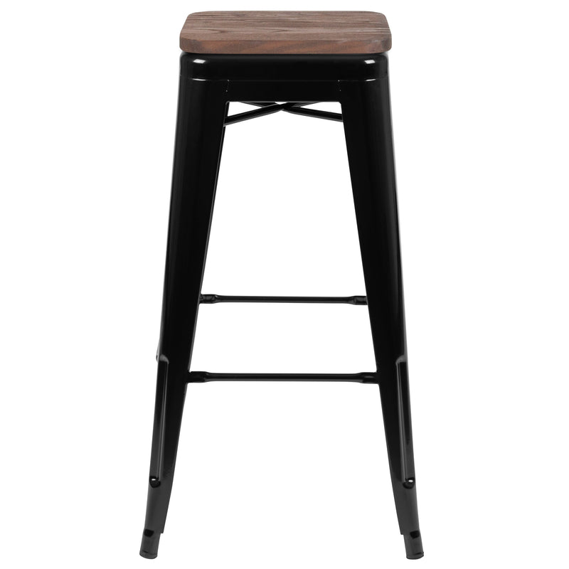 Brooklyn Set of Four 30 Inch Tall Metal Backless Wood Square Seat Bar Stools With Cross Braces