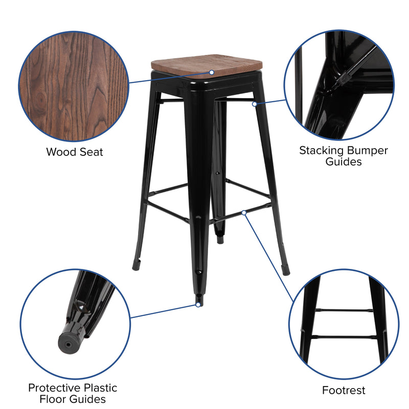Brooklyn Set of Four 30 Inch Tall Metal Backless Wood Square Seat Bar Stools With Cross Braces