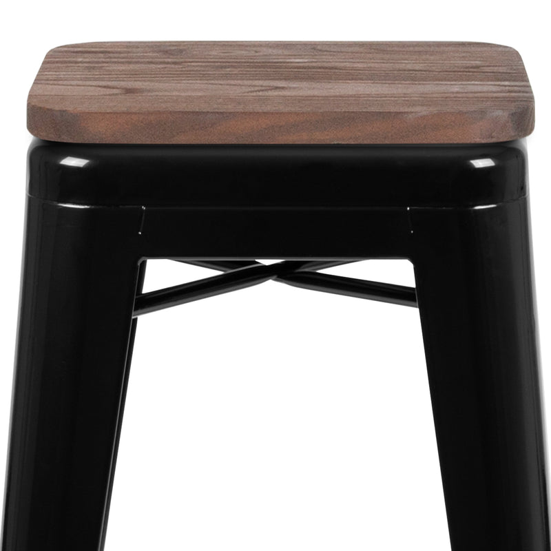 Brooklyn Set of Four 30 Inch Tall Metal Backless Wood Square Seat Bar Stools With Cross Braces