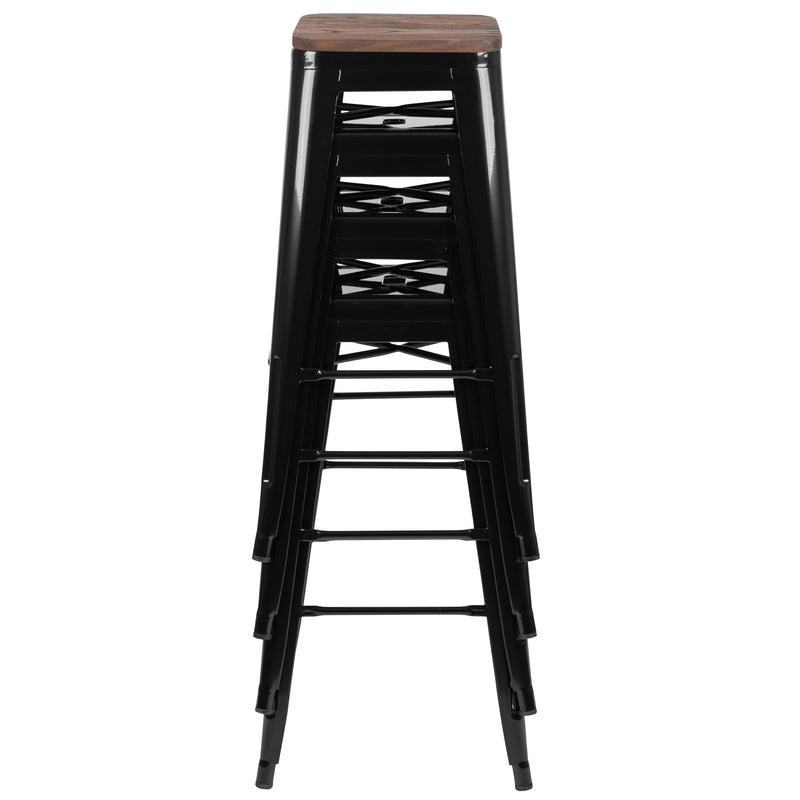 Brooklyn Set of Four 30 Inch Tall Metal Backless Wood Square Seat Bar Stools With Cross Braces