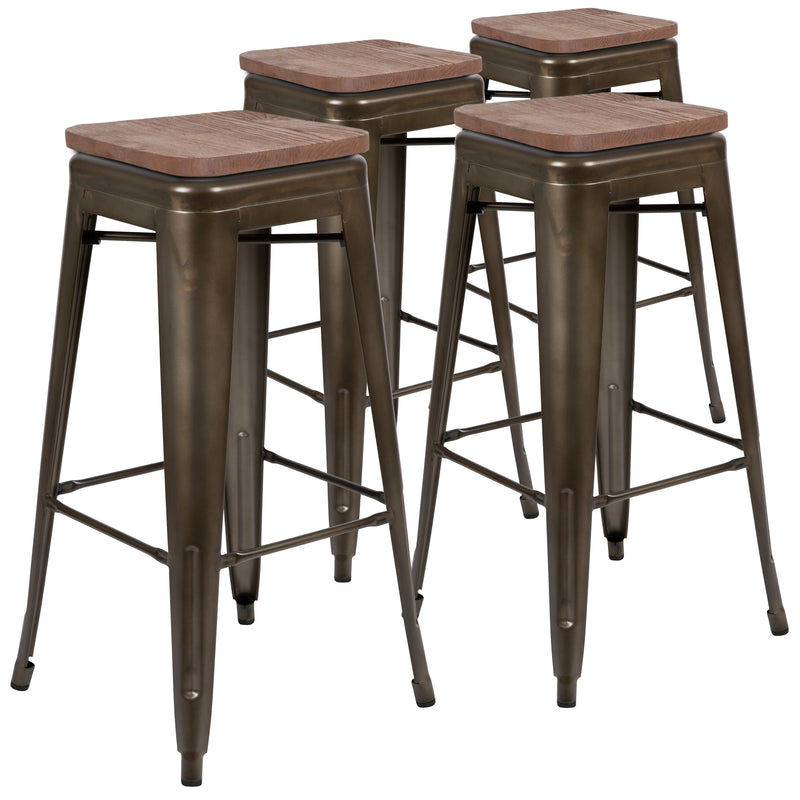 Brooklyn Set of Four 30 Inch Tall Metal Backless Wood Square Seat Bar Stools With Cross Braces