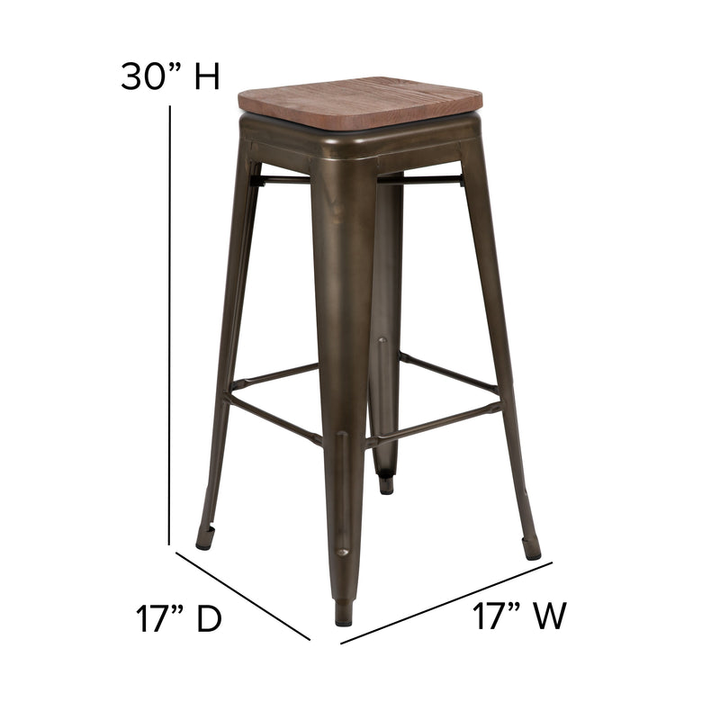 Brooklyn Set of Four 30 Inch Tall Metal Backless Wood Square Seat Bar Stools With Cross Braces