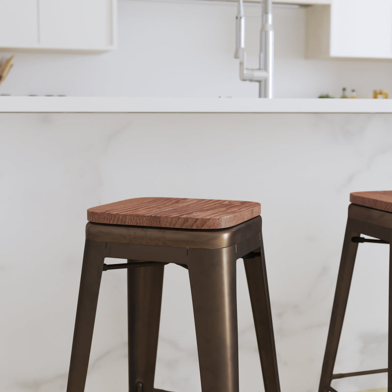 Brooklyn Set of Four 30 Inch Tall Metal Backless Wood Square Seat Bar Stools With Cross Braces