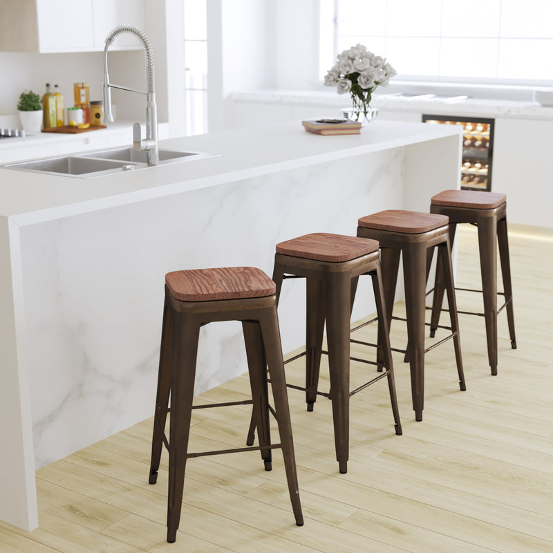 Brooklyn Set of Four 30 Inch Tall Metal Backless Wood Square Seat Bar Stools With Cross Braces