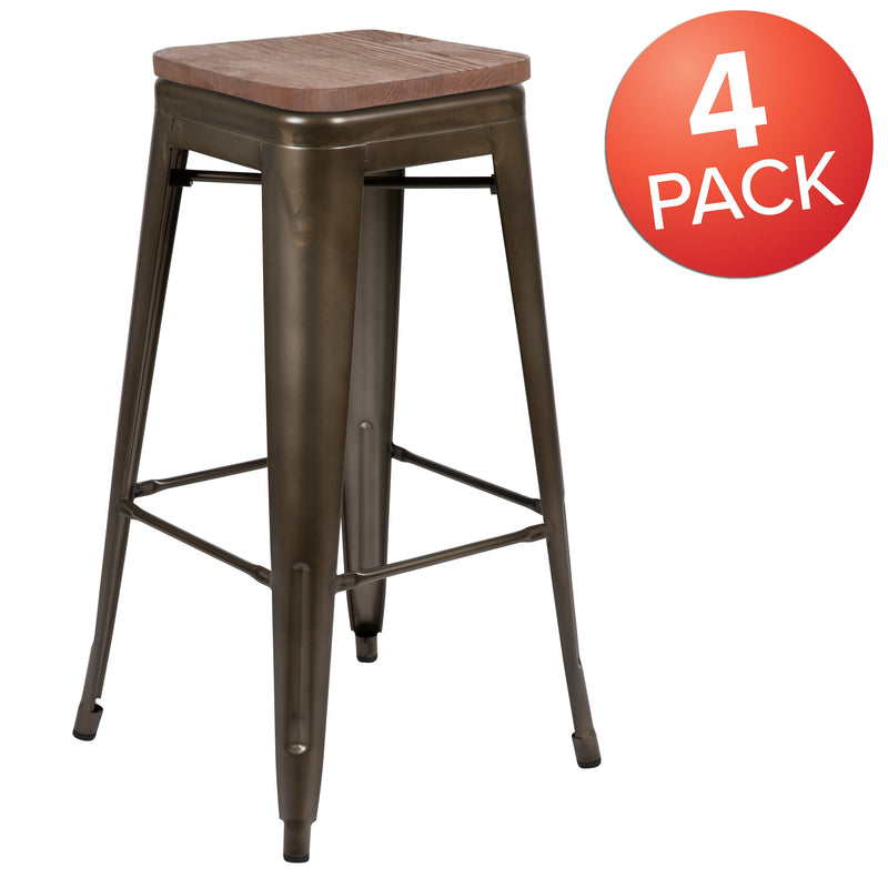 Brooklyn Set of Four 30 Inch Tall Metal Backless Wood Square Seat Bar Stools With Cross Braces