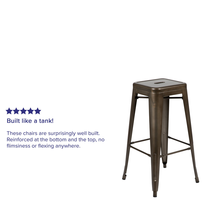 Brooklyn Set of Four 30 Inch Tall Metal Backless Wood Square Seat Bar Stools With Cross Braces