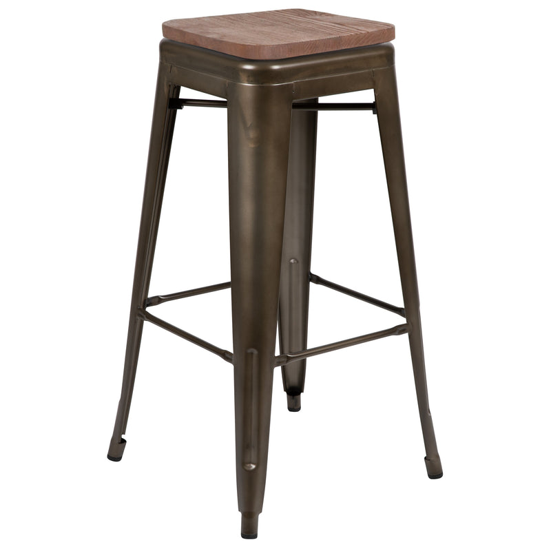 Brooklyn Set of Four 30 Inch Tall Metal Backless Wood Square Seat Bar Stools With Cross Braces