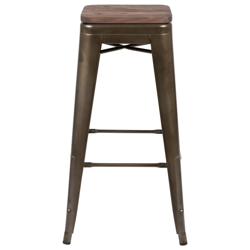 Brooklyn Set of Four 30 Inch Tall Metal Backless Wood Square Seat Bar Stools With Cross Braces