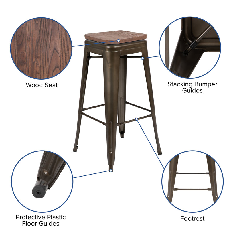 Brooklyn Set of Four 30 Inch Tall Metal Backless Wood Square Seat Bar Stools With Cross Braces