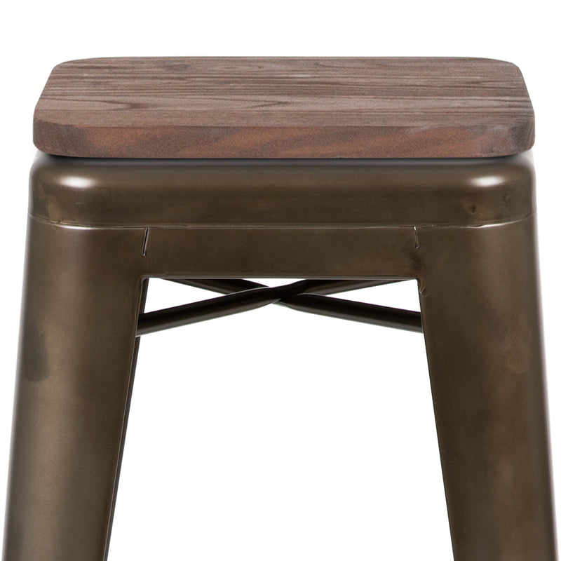 Brooklyn Set of Four 30 Inch Tall Metal Backless Wood Square Seat Bar Stools With Cross Braces