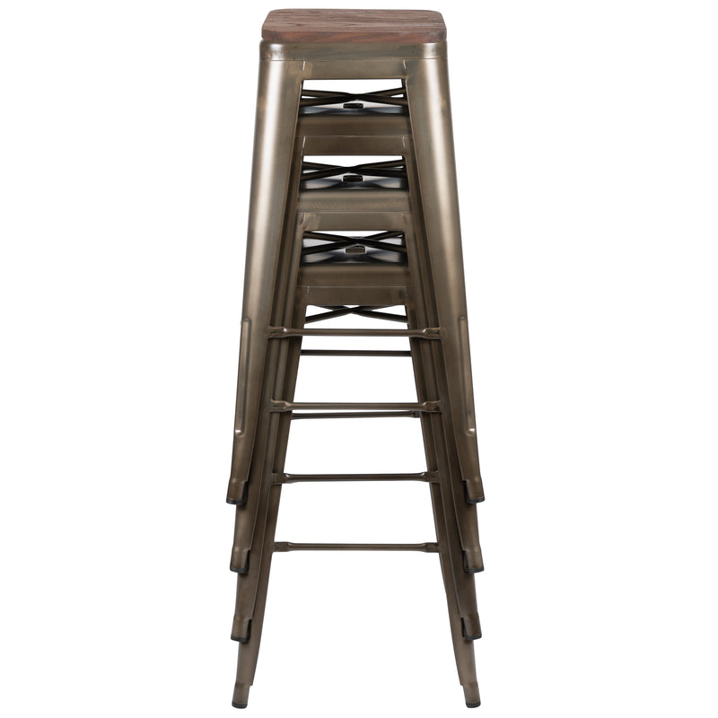 Brooklyn Set of Four 30 Inch Tall Metal Backless Wood Square Seat Bar Stools With Cross Braces