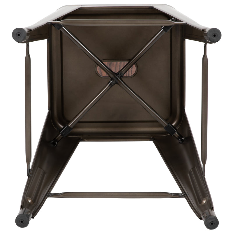 Brooklyn Set of Four 30 Inch Tall Metal Backless Wood Square Seat Bar Stools With Cross Braces