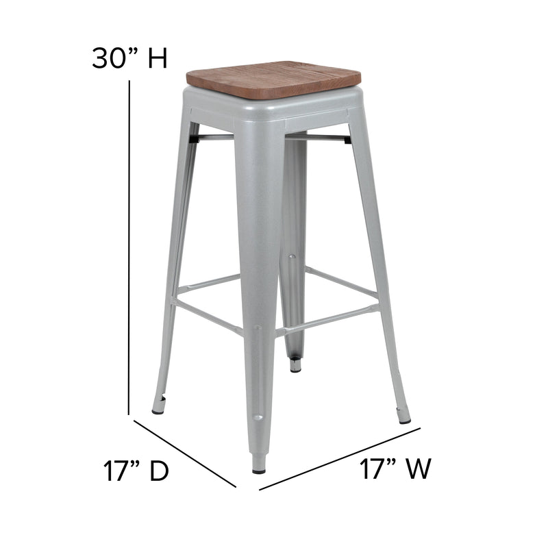 Brooklyn Set of Four 30 Inch Tall Metal Backless Wood Square Seat Bar Stools With Cross Braces