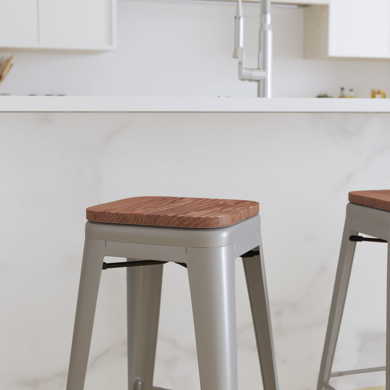 Brooklyn Set of Four 30 Inch Tall Metal Backless Wood Square Seat Bar Stools With Cross Braces