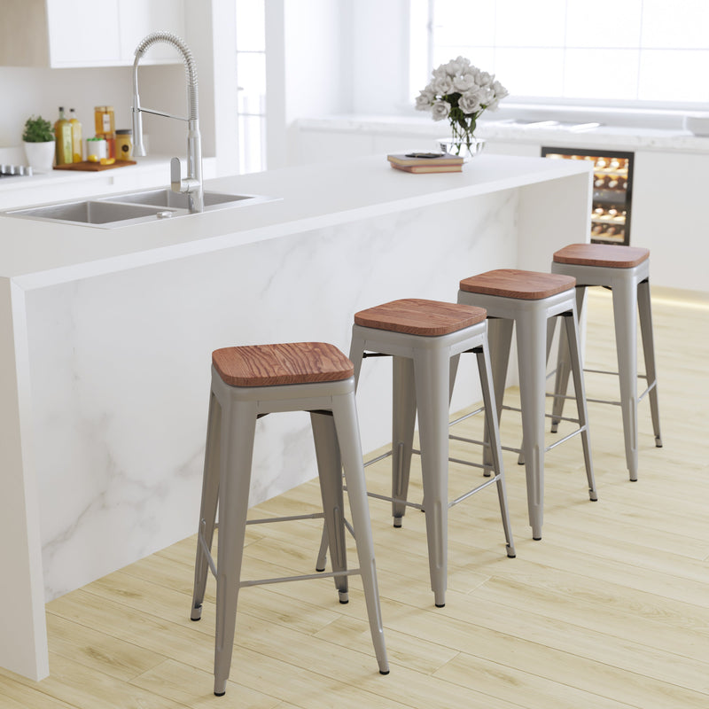 Brooklyn Set of Four 30 Inch Tall Metal Backless Wood Square Seat Bar Stools With Cross Braces