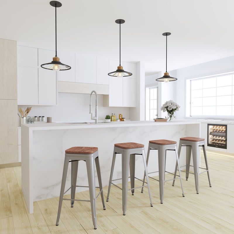 Brooklyn Set of Four 30 Inch Tall Metal Backless Wood Square Seat Bar Stools With Cross Braces