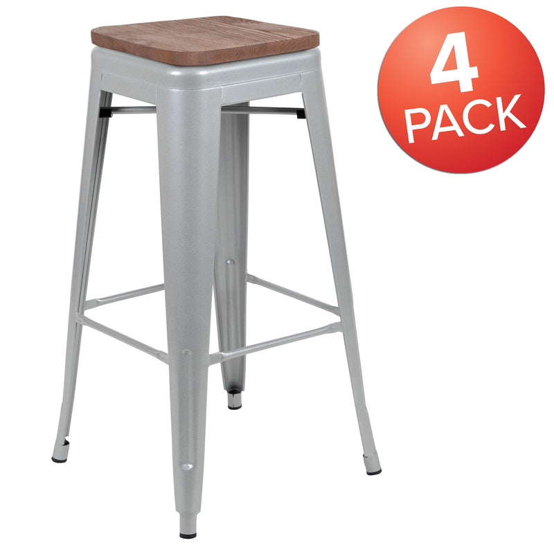 Brooklyn Set of Four 30 Inch Tall Metal Backless Wood Square Seat Bar Stools With Cross Braces