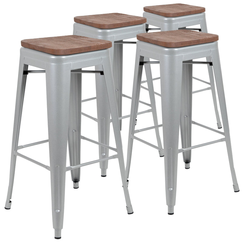Brooklyn Set of Four 30 Inch Tall Metal Backless Wood Square Seat Bar Stools With Cross Braces
