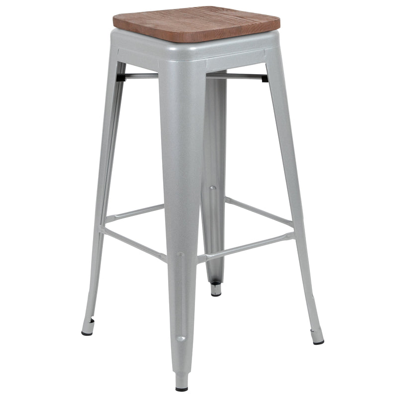 Brooklyn Set of Four 30 Inch Tall Metal Backless Wood Square Seat Bar Stools With Cross Braces