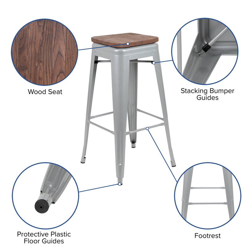 Brooklyn Set of Four 30 Inch Tall Metal Backless Wood Square Seat Bar Stools With Cross Braces