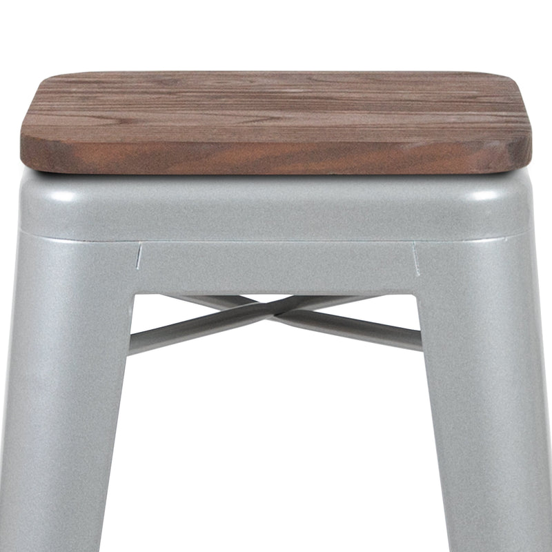 Brooklyn Set of Four 30 Inch Tall Metal Backless Wood Square Seat Bar Stools With Cross Braces
