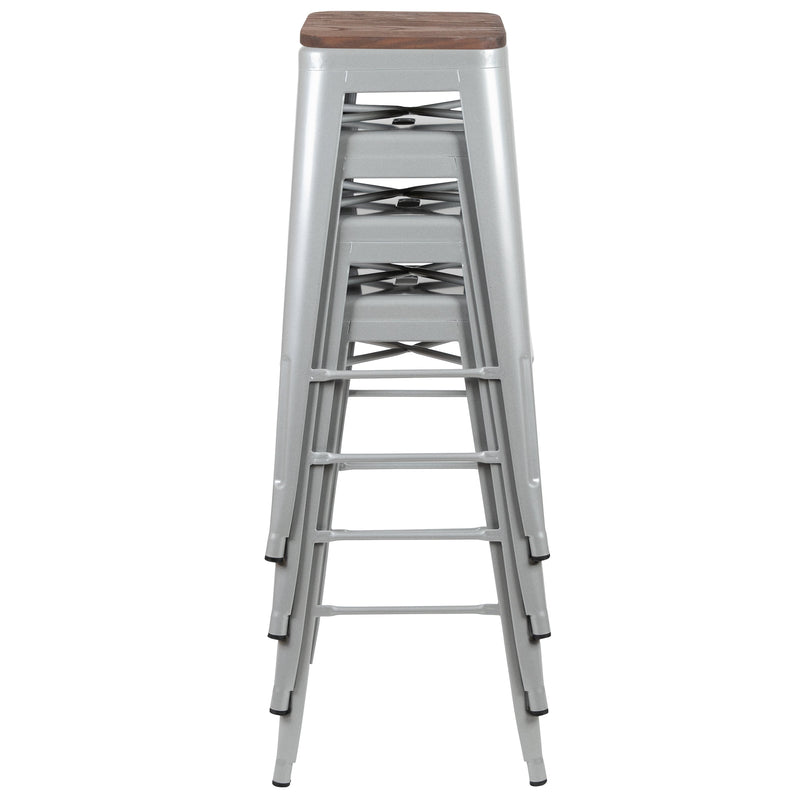 Brooklyn Set of Four 30 Inch Tall Metal Backless Wood Square Seat Bar Stools With Cross Braces
