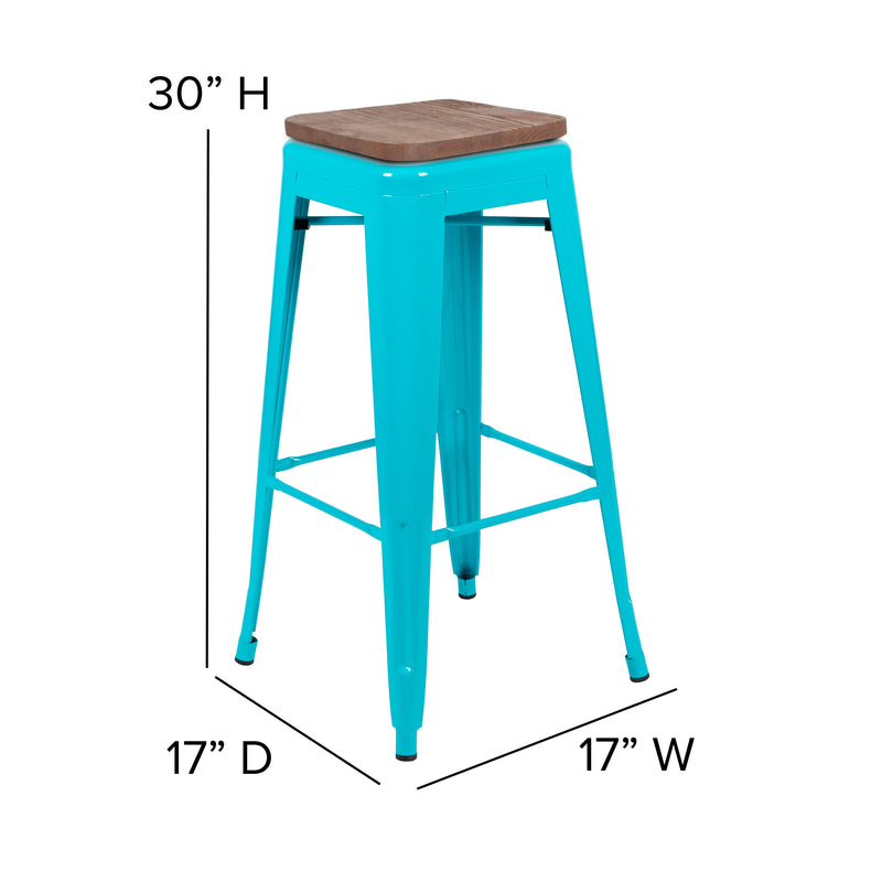 Brooklyn Set of Four 30 Inch Tall Metal Backless Wood Square Seat Bar Stools With Cross Braces